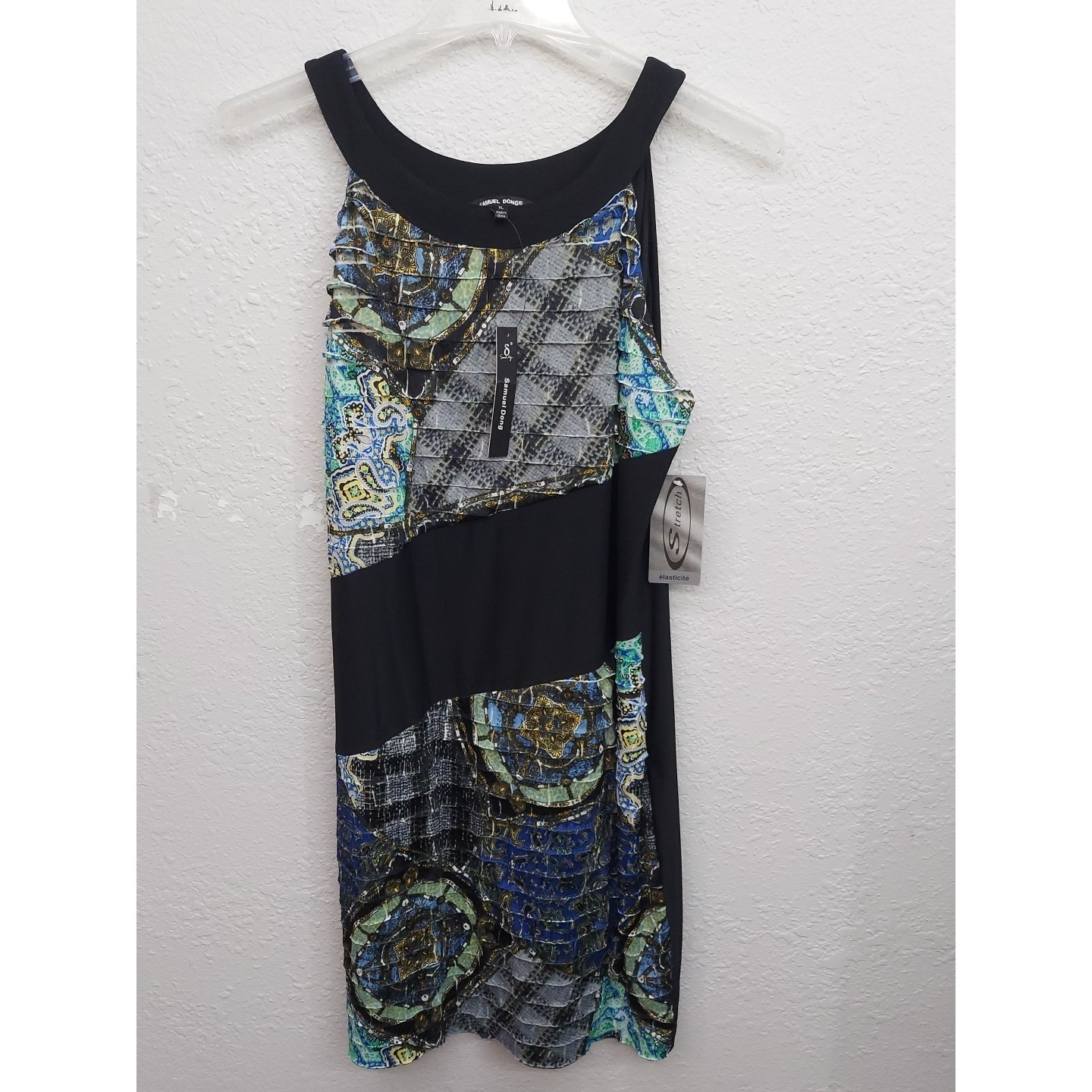 Samuel Dong Dress Womens Xl Black Green Geometric Print Halter Sleeveless Sheath